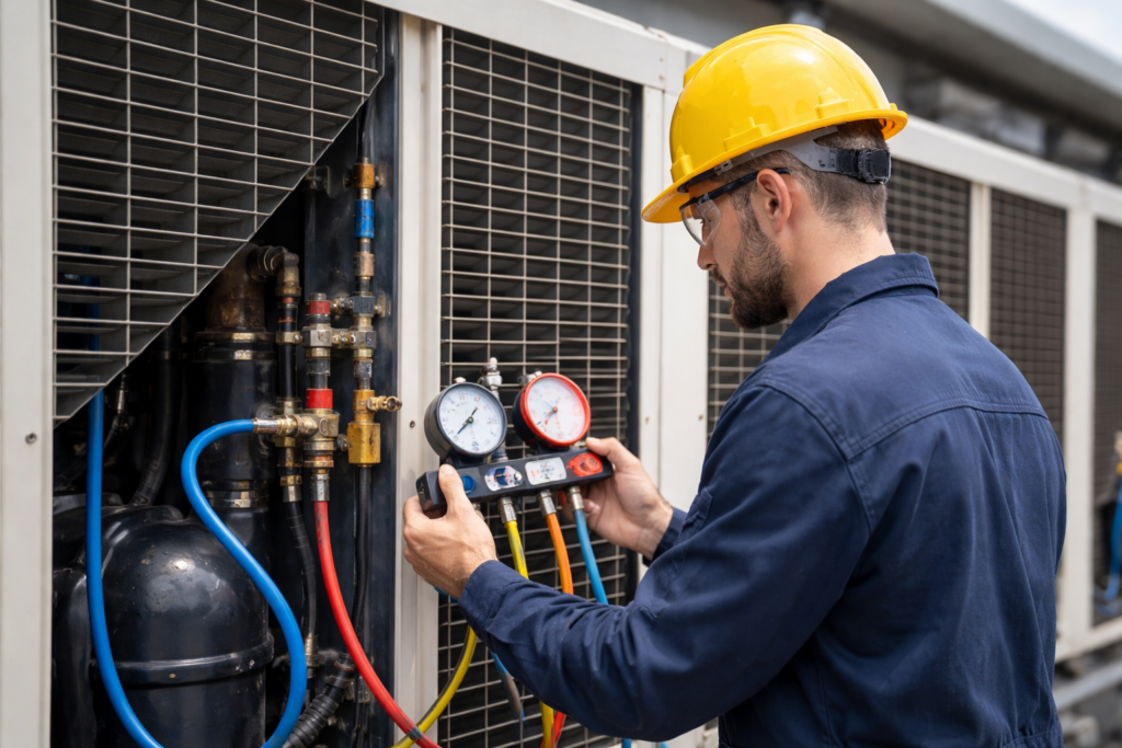 Refrigeration engineer with gauges Industrial Refrigeration engineer