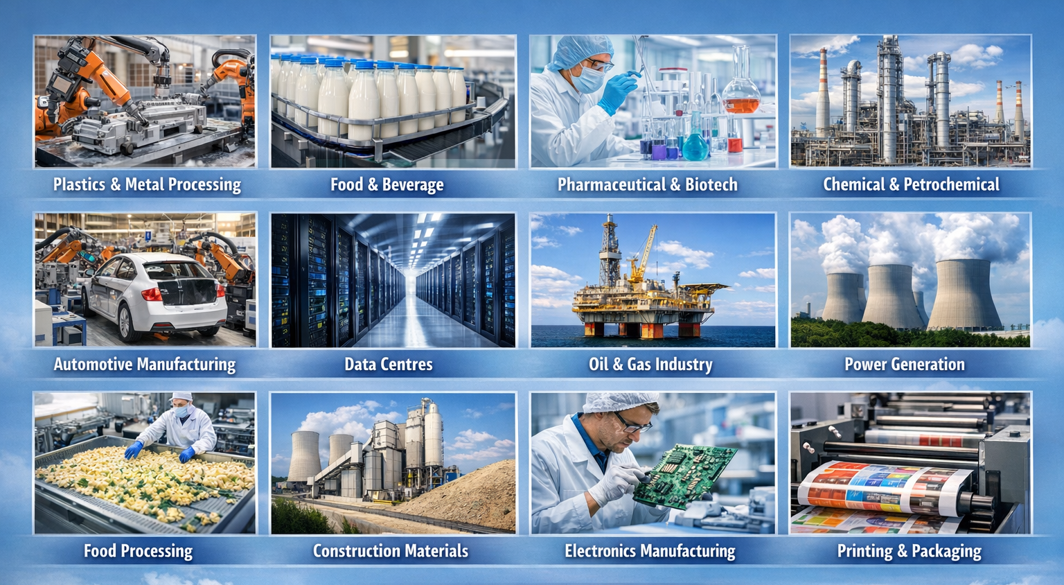 Cooling Solutions Plastics Metal Food Beverage Pharmaceuticals Chemicals Petrochemicals Automotive Data Centres Oil & Gas Industry Power Generation Energy Food Processing Electronics Printing Packaging